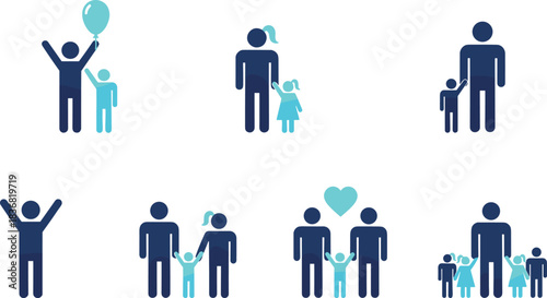 Collection of outline icons representing family and social relationships, including people sitting on a bench, a family in a house, a couple with a heart, a parent with a child,