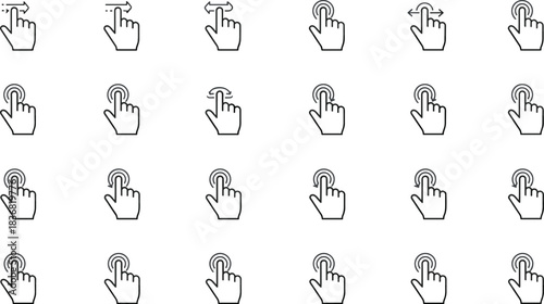 Extensive collection of thin outline multi-touch and single-touch hand gestures, including taps, swipes, and rotations, for illustrating digital user interface interaction and mobile controls.