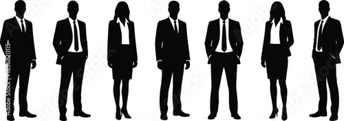 Collection of seven black silhouettes featuring confident business professionals and executives in formal suits and dresses, representing corporate power and diverse careers.