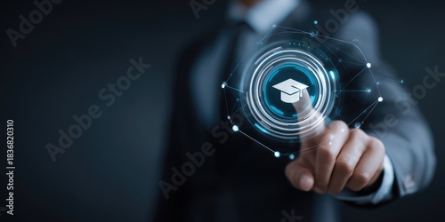 Empowering future skills through ai-powered online learning a businessman's close-up interaction with digital education technology interface