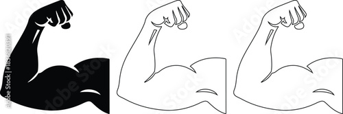 Strong arm with clenched fist showing biceps muscle strength power and fitness in black silhouette, white fill, and outline variations