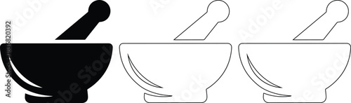 Mortar and pestle icon set black and white outline vector illustration pharmacy medical laboratory tool grinding crushing