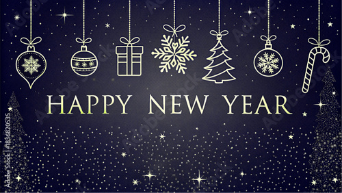 A row of golden line-art Christmas ornaments hanging against a deep navy starry night background with "Happy New Year" text.