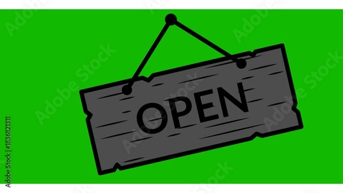 We are open sign. Footage open store sign icon on a green screen background. Animation of signboard open store for shop on green background. Open signboard store animation. Open sign hanging door