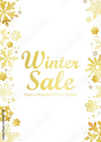 金色の雪の結晶フレームとWinter Sale文字の冬セール背景 | ベクター素材 縦 カード コピースペース 
