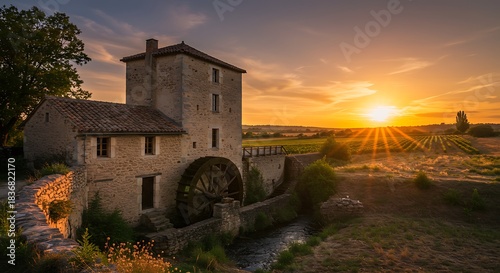 Scenic old water mill bathed in golden sunset glow, with surrounding vineyard