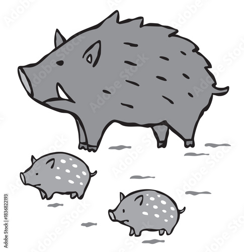 野生のイノシシの親子　猪　ウリ坊