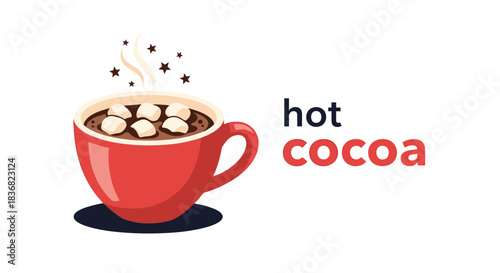 Steaming mug of hot cocoa topped with marshmallows, presented in a red cup next to the text 'hot cocoa' on a white background.
