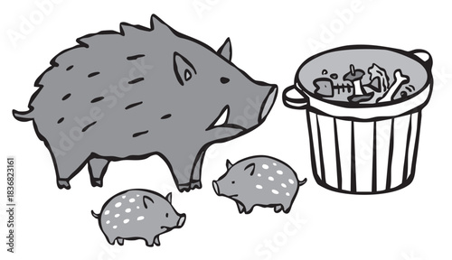 ゴミを漁るイノシシの親子　生ゴミ　野生　イノシシ