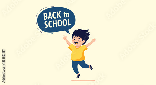 Excited young boy jumping for joy with a 'Back to School' speech bubble above his head, ready for a new academic year.