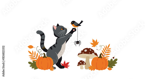 Playful gray cat in an autumn setting with pumpkins and leaves, reaching for a little bird dangling a spider as a toy.