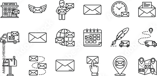 Post office, mail delivery, and logistics line icons set. Communication, sending message, global parcel tracking, and timeline vector elements.