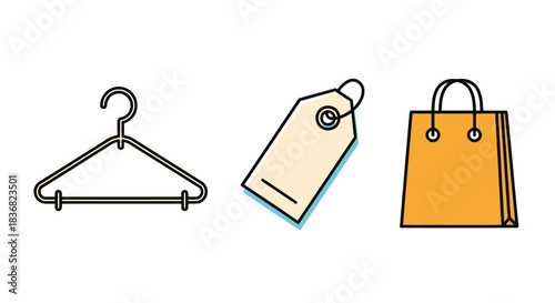 Clothing Hanger Price Tag and Shopping Bag Icons.