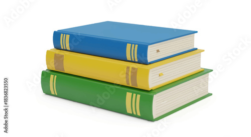 Stack of three colorful hardcover books blue yellow and green with gold striped spines.
