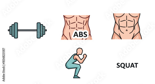 Illustrated Fitness Icons: Dumbbell Abs and Squat Exercise.