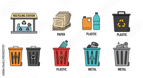 Collection of Colorful Recycling Bins and Sorted Waste Materials.