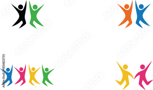 Outline icons representing group achievement and progress, featuring a cluster of people figures and a large upward-pointing arrow, symbolizing success, leadership, and collective growth.