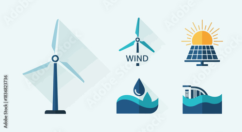 Clean Energy Icons: Wind Turbine Solar Panel Hydro Power and Renewable Resources.