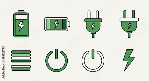 Collection of Green Battery Power Button and Electrical Plug Icons.