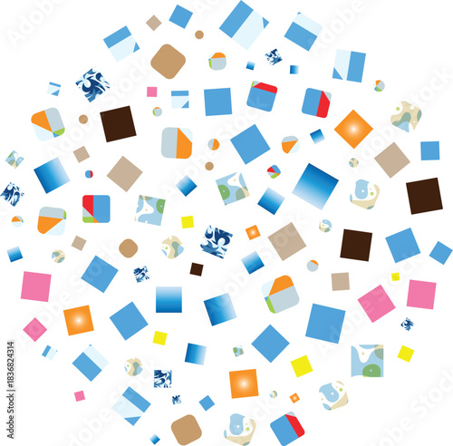 Colorful Abstract Geometric Shapes Scattered in a Circular Pattern on a Black Background