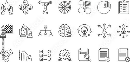 Business Strategy and Management Icons: Corporate Success, Risk Assessment, Teamwork, Idea Generation, and Organizational Planning Outline Vector Set