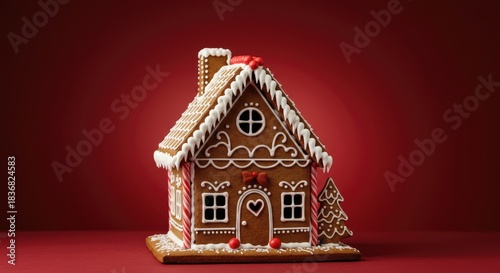 A beautifully decorated gingerbread house with white icing and colorful candy details against a light red background.	