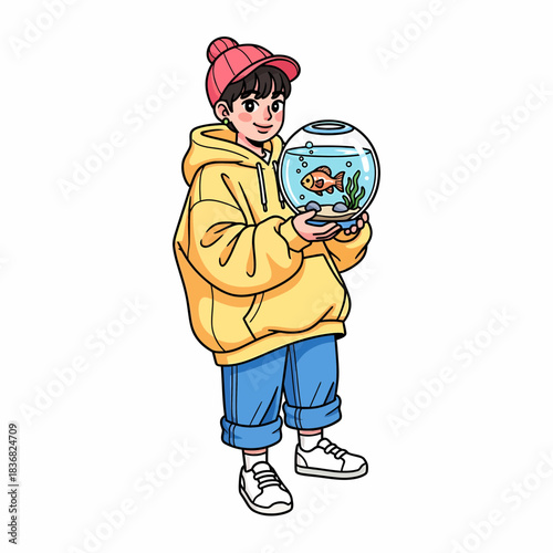 A young boy in a hat and hoodie holding a fishbowl with a goldfish inside