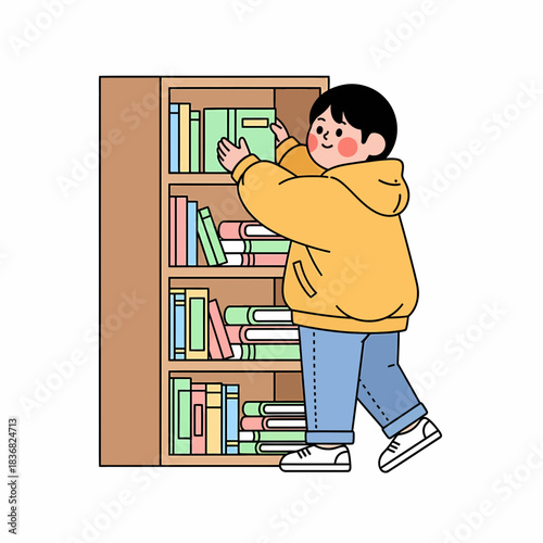 Boy reaching for book on shelf in a library or home bookshelf, illustration