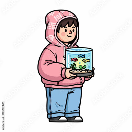 Charming cartoon illustration of a person holding a small fish tank with colorful fish and aquatic plants