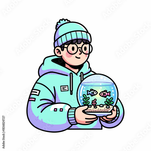 Cute boy holding a fishbowl with two small fish and aquatic plants, winter clothing, pastel colors