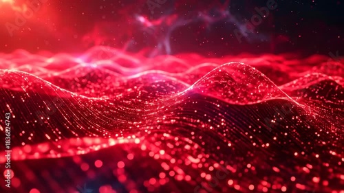 Abstract Red Particle Wave Motion: Futuristic Data Stream Visualization