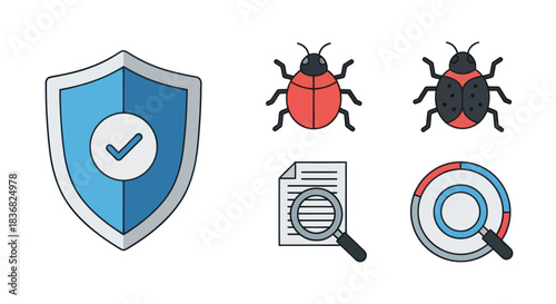 Cybersecurity Icons: Shield Bugs Magnifying Glass and Data Analysis.