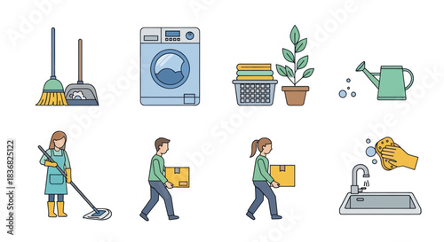 Collection of Illustrated Cleaning and Household Items and People.