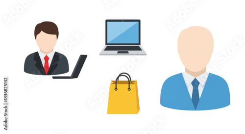 Business professionals with laptop and shopping bag icons.