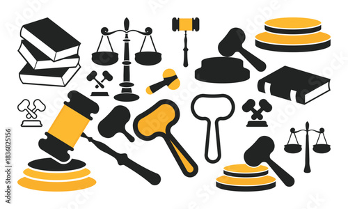 Law and Justice Icon Set – Judge Gavel, Scales, Law Books and Courtroom Symbols in Yellow and Black