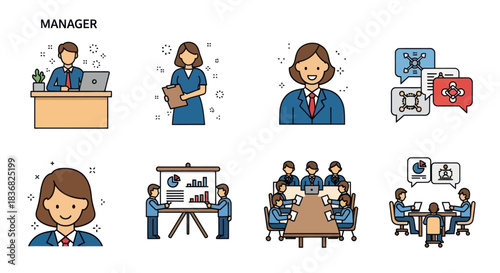 Manager and Teamwork Icons: Business Professionals in Various Work Scenarios.