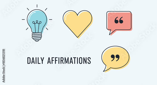 Daily Affirmations: Lightbulb Heart and Speech Bubbles Illustration.