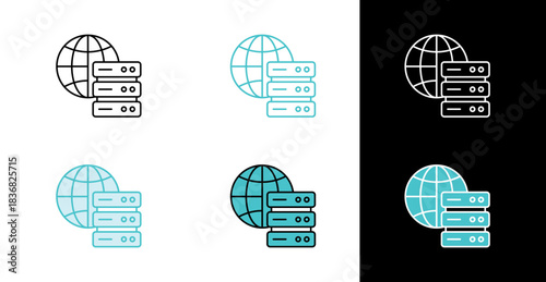 Globe with server stack icon for global network and data hosting in line and fill style