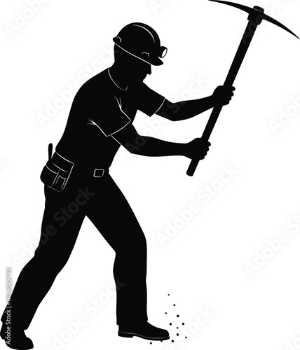 Silhouette Worker Using Pickaxe on Construction Site