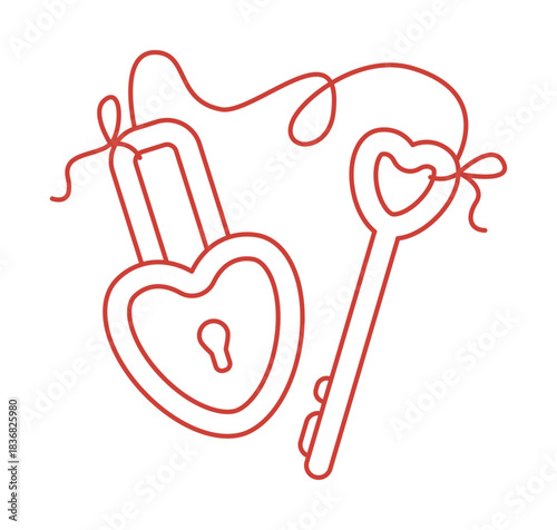 Lock in the shape of a heart and a key to it. Romantic love symbols for Valentine's Day in linear style with editable strokes. Heart-shaped padlock with a key