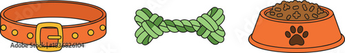 Vector illustration of essential pet care items: an orange studded collar with a gold buckle, a green braided rope bone toy, and an orange food bowl filled with dry kibble,
