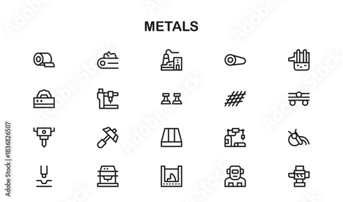 Metals Industry Professional Line Icon Set – Modern Minimal Vector Symbols for Steel, Iron, and Metalwork