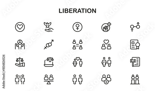 Liberation Line Icon Set — Professional icons symbolizing freedom, revolution, equality, hope, and human rights.