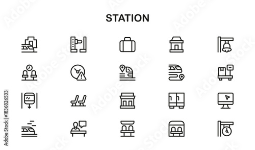 Station Icons pack – Professional Line Icon Set Featuring Vector Design for Transit and Travel Industry