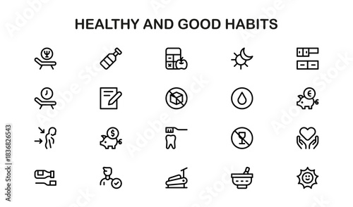 Healthy Habits Modern Line Icon Set, Minimal Unique Vector Icons for Wellness and Lifestyle, Clean Simple Design
