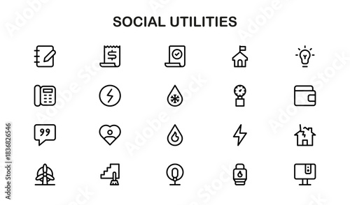 Social Utilities icon pack– Modern Professional Line Icon Set Featuring Minimal Vector Design for Public and Social