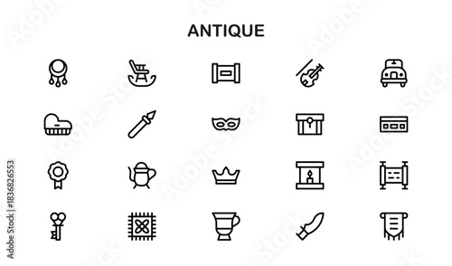 Antique treasures in sleek line art – Professional minimal line icon set with vintage charm and modern