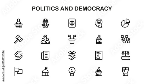 Politics and Democracy Icons – Modern Line Icon Set Featuring Minimal Design for Government and Civic Engagement
