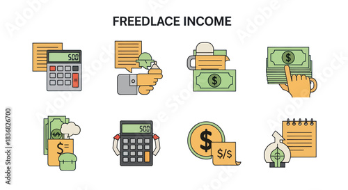 Colorful Vector Illustrations Representing Freelance Income and Finances.