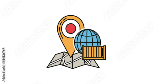 Global Logistics and Shipping Illustration with Map Pin Globe and Container.